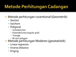  Metode perhitungan coventional (Geometrik)
 Section
 Isochore
 Poligonal
▪ Included area
▪ Extended area (regular grid)
▪ Triangle
▪ Bi-sect polygon
 Metode perhitungan Moderen (geostatistik)
 Linear regresion
 Inverse distance
 Kriging
 