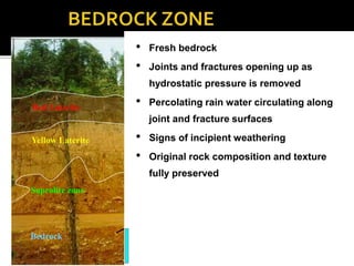 Red Laterite
Yellow Laterite
Saprolite zone
Bedrock
• Fresh bedrock
• Joints and fractures opening up as
hydrostatic pressure is removed
• Percolating rain water circulating along
joint and fracture surfaces
• Signs of incipient weathering
• Original rock composition and texture
fully preserved
 