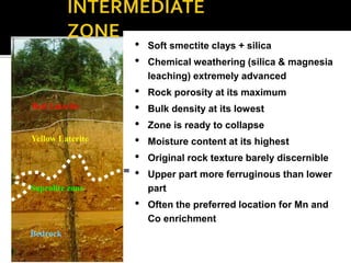 Red Laterite
Yellow Laterite
Saprolite zone
Bedrock
• Soft smectite clays + silica
• Chemical weathering (silica & magnesia
leaching) extremely advanced
• Rock porosity at its maximum
• Bulk density at its lowest
• Zone is ready to collapse
• Moisture content at its highest
• Original rock texture barely discernible
• Upper part more ferruginous than lower
part
• Often the preferred location for Mn and
Co enrichment
 