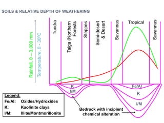 Rainfall,
0
–
3,000
mm
Temperature,
0
-
30ºC
Tundra
Taiga
(Northern
Forests
Steppes
Semi-desert
&
Desert
Savannas
Savannas
Tropical
Fe/Al
K
I/M
K
I/M
Bedrock with incipient
chemical alteration
Legend:
Fe/Al: Oxides/Hydroxides
K: Kaolinite clays
I/M: Illite/Montmorillonite
SOILS & RELATIVE DEPTH OF WEATHERING
 