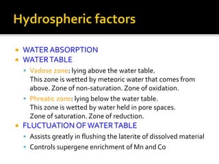  WATER ABSORPTION
 WATERTABLE
 Vadose zone: lying above the water table.
This zone is wetted by meteoric water that comes from
above. Zone of non-saturation. Zone of oxidation.
 Phreatic zone: lying below the water table.
This zone is wetted by water held in pore spaces.
Zone of saturation. Zone of reduction.
 FLUCTUATION OFWATERTABLE
 Assists greatly in flushing the laterite of dissolved material
 Controls supergene enrichment of Mn and Co
 