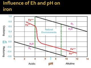 2 4 6 8
0 10 12 14
1.0
- 0.6
- 0.4
- 0.2
0.0
0.2
0.4
0.6
0.8
Fe++
Fe+++
Fe++
Fe+++
O2
H2
H2O
H2O
Natural
Environments
Eh
pH
Reducing
Oxidising
Acidic Alkaline
 