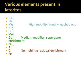  Ca
 Na
 Mg High mobility; mostly leached out
 K
 Si
 Mn
 Co Medium mobility; supergene
enrichment
 Ni
 Al
 Cr No mobility; residual enrichment
 Fe
 