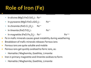  Iron in ultramafics: Ferrous Ferric
 In olivine (MgO.FeO.SiO2) : Fe++
 In pyroxene (MgO.FeO.2SiO2) : Fe++
 In chromite (FeO.Cr2O3) : Fe++
 In ilmenite (FeO.TiO2) : Fe++
 In magnetite (FeO.Fe2O3) : Fe++ Fe+++
 Fe in mafic minerals causes great instability during weathering
 Breakdown of mafic minerals releases Ferrous ions
 Ferrous ions are quite soluble and mobile
 Ferrous ions get quickly oxidised to ferric ions, as:
 Hematite / Maghemite,Goethite, Limonite
 Iron in primary magnetite and ilmenite oxidises to form:
 Hematite / Maghemite,Goethite, Limonite
 
