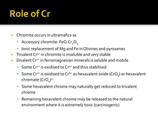  Chromite occurs in ultramafics as
 Accessory chromite: FeO.Cr2O3
 Ionic replacement of Mg and Fe in Olivines and pyroxenes
 Trivalent Cr3+ in chromite is insoluble and very stable
 Divalent Cr2+ in ferromagnesian minerals is soluble and mobile
 Some Cr2+ is oxidised to Cr3+ and thus stabilised
 Some Cr2+ is oxidised to Cr6+ as hexavalent oxide (CrO3) or hexavalent
chromate (CrO4)2-
 Some hexavalent chrome may naturally get reduced to trivalent
chrome
 Remaining hexavalent chrome may be released to the natural
environment where it is extremely toxic (carcinogenic)
 