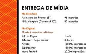 ENTREGA DE MÍDIA
NaTelevisão
Assinatura das Promos (5”) 96 inserções
Mídia de Apoio (Comercial 30”) 80 inserções
No Digital
Mundonick.com/LoucosDeAmor
Selo na Página 1 mês
Takeover + Superbanner 3 diárias
Arroba 150.000 impressões
Superbanner 150.000 impressões
Video PreRoll 20.000 impressões
 