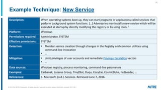 Example Technique: New Service
| 9 |
Description: When operating systems boot up, they can start programs or applications ...