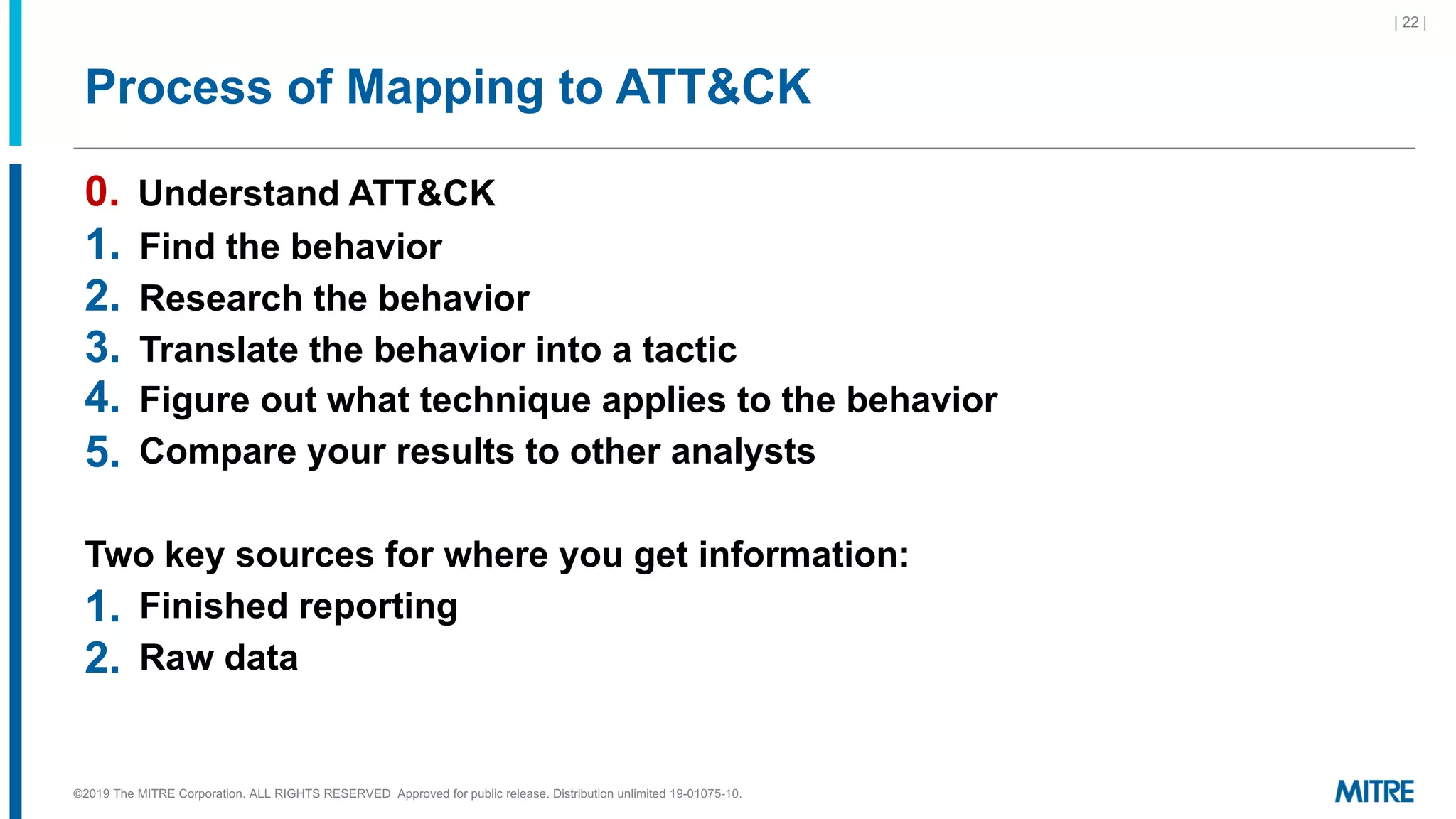 Process of Mapping to ATT&CK
0. Understand ATT&CK
1. Find the behavior
2. Research the behavior
3. Translate the behavior into a tactic
4. Figure out what technique applies to the behavior
5. Compare your results to other analysts
Two key sources for where you get information:
1. Finished reporting
2. Raw data
| 22 |
©2019 The MITRE Corporation. ALL RIGHTS RESERVED Approved for public release. Distribution unlimited 19-01075-10.
 