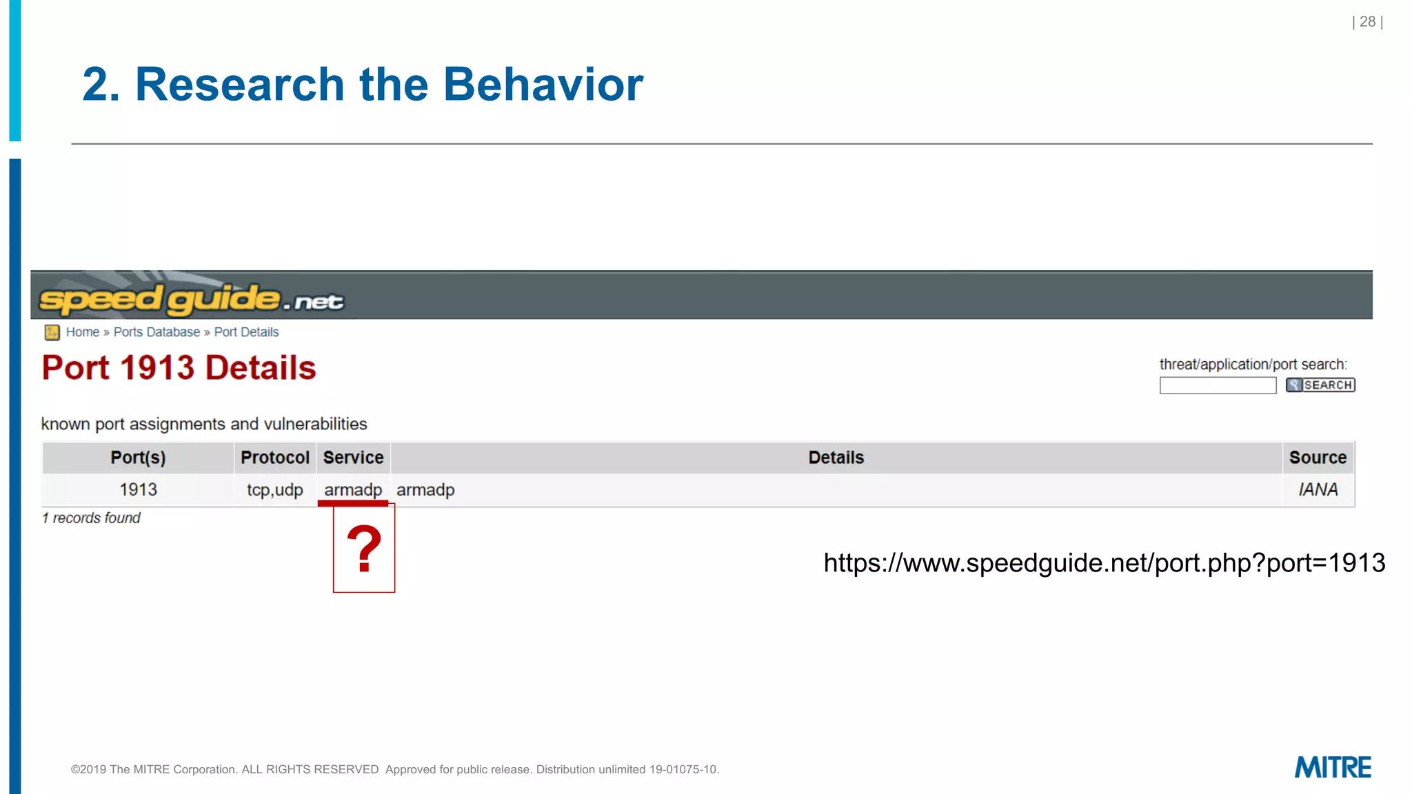 2. Research the Behavior
| 28 |
https://www.speedguide.net/port.php?port=1913?
©2019 The MITRE Corporation. ALL RIGHTS RESERVED Approved for public release. Distribution unlimited 19-01075-10.
 
