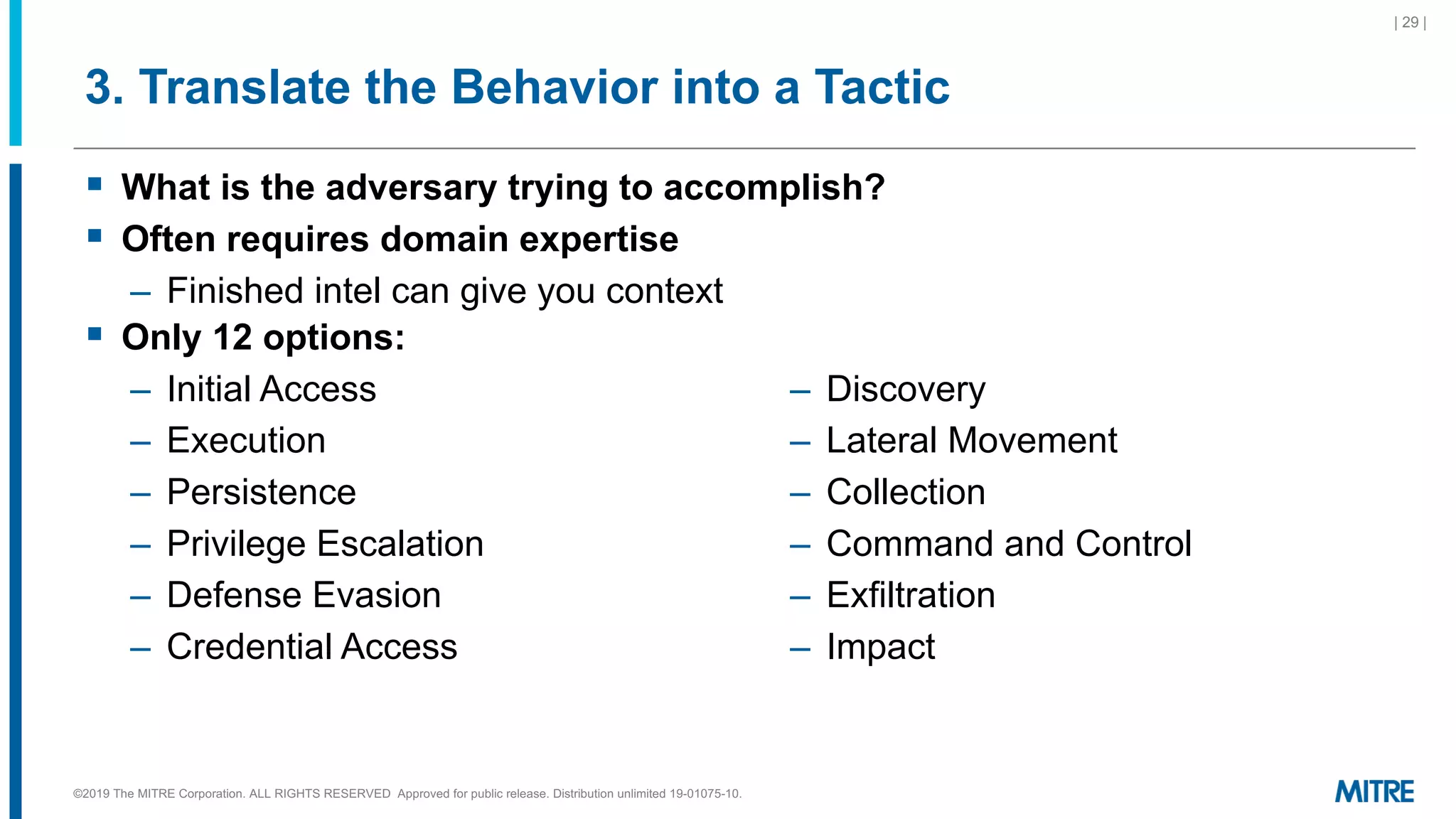 3. Translate the Behavior into a Tactic
§ What is the adversary trying to accomplish?
§ Often requires domain expertise
– Finished intel can give you context
| 29 |
§ Only 12 options:
– Initial Access
– Execution
– Persistence
– Privilege Escalation
– Defense Evasion
– Credential Access
– Discovery
– Lateral Movement
– Collection
– Command and Control
– Exfiltration
– Impact
©2019 The MITRE Corporation. ALL RIGHTS RESERVED Approved for public release. Distribution unlimited 19-01075-10.
 