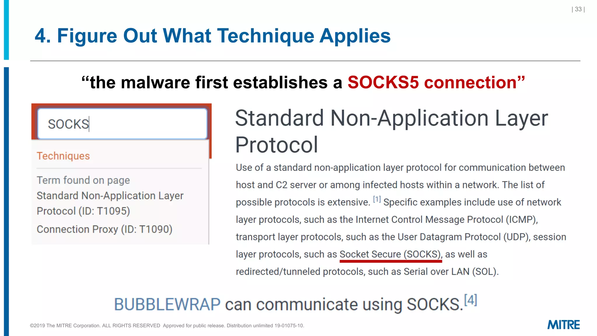 4. Figure Out What Technique Applies
| 33 |
“the malware first establishes a SOCKS5 connection”
©2019 The MITRE Corporation. ALL RIGHTS RESERVED Approved for public release. Distribution unlimited 19-01075-10.
 