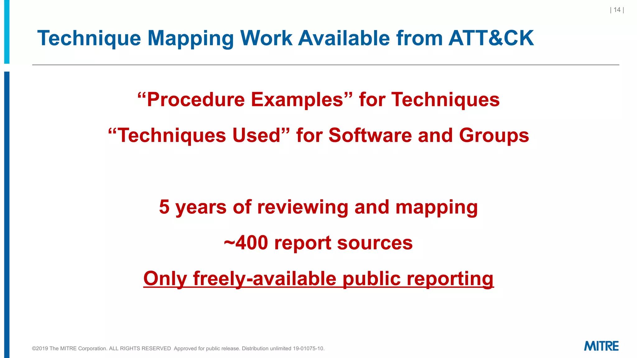 Technique Mapping Work Available from ATT&CK
©2019 The MITRE Corporation. ALL RIGHTS RESERVED Approved for public release. Distribution unlimited 19-01075-10.
| 14 |
“Procedure Examples” for Techniques
“Techniques Used” for Software and Groups
5 years of reviewing and mapping
~400 report sources
Only freely-available public reporting
 