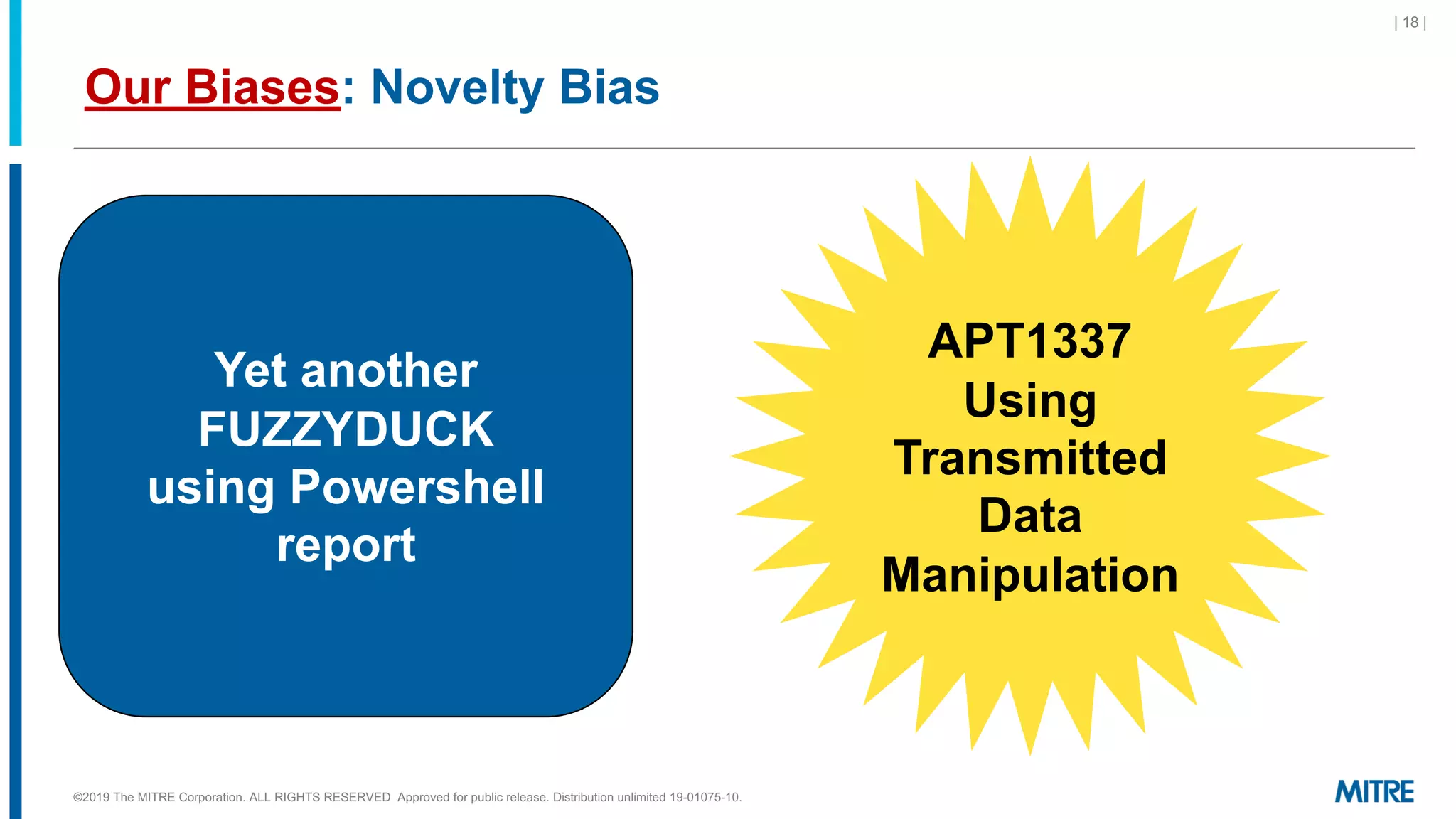 Our Biases: Novelty Bias
©2019 The MITRE Corporation. ALL RIGHTS RESERVED Approved for public release. Distribution unlimited 19-01075-10.
| 18 |
Yet another
FUZZYDUCK
using Powershell
report
APT1337
Using
Transmitted
Data
Manipulation
 