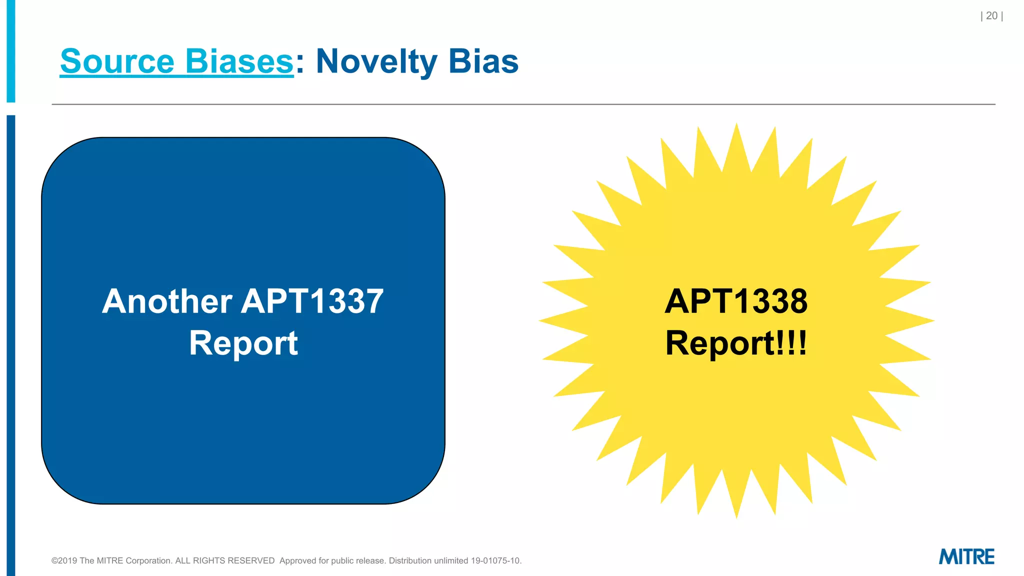 Source Biases: Novelty Bias
©2019 The MITRE Corporation. ALL RIGHTS RESERVED Approved for public release. Distribution unlimited 19-01075-10.
| 20 |
Another APT1337
Report
APT1338
Report!!!
 