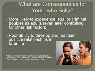  More   likely to experience legal or criminal
   troubles as adults (even after controlling
   for other risk factors)
 Poor   ability to develop and maintain
   positive relationships in
   later life

Andershed, Kerr, & Stattin (2001); Farrington (2009);
Farrington, & Ttofi (2009, 2011); Oliver, Hoover, & Hazler
(1994); Olweus (1993); Ttofi & Farrington (2008)
 