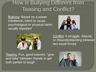 Bullying: Based on a power
 imbalance; intent to cause
 psychological or physical harm;
 usually repeated

                                   Conflict: A struggle, dispute,
                                   or misunderstanding between
                                   two equal forces


Teasing: Fun, good-natured, “give-
and-take” between friends to get
both parties to laugh
 