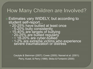 Estimatesvary WIDELY, but according to
 student self-report...
  • 20-25% have bullied at least once
     5-20% bully consistently
  • 15-40% are targets of bullying
     20-25% are bullied regularly
     ~ 18-20% are cyber-bullied
     1-2% are extreme victims who experience
      severe traumatization or distress


    Carylyle & Steinman (2007); Cowie (2000); Nansel et al. (2001);
        Perry, Kusel, & Perry (1988); Skiba & Fontanini (2000)
 