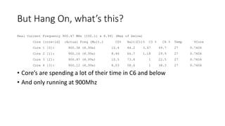 But Hang On, what’s this?
Real Current Frequency 900.47 MHz [100.11 x 8.99] (Max of below)
Core [core-id] :Actual Freq (Mult.) C0% Halt(C1)% C3 % C6 % Temp VCore
Core 1 [0]: 900.38 (8.99x) 10.4 44.2 3.47 49.7 27 0.7406
Core 2 [1]: 900.16 (8.99x) 8.46 66.7 1.18 29.9 27 0.7404
Core 3 [2]: 900.47 (8.99x) 10.5 73.8 1 22.5 27 0.7404
Core 4 [3]: 900.12 (8.99x) 8.03 58.6 1 38.3 27 0.7404
• Core’s are spending a lot of their time in C6 and below
• And only running at 900Mhz
 