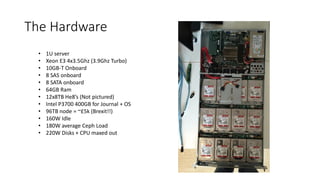 The Hardware
• 1U server
• Xeon E3 4x3.5Ghz (3.9Ghz Turbo)
• 10GB-T Onboard
• 8 SAS onboard
• 8 SATA onboard
• 64GB Ram
• 12x8TB He8’s (Not pictured)
• Intel P3700 400GB for Journal + OS
• 96TB node = ~£5k (Brexit!!)
• 160W Idle
• 180W average Ceph Load
• 220W Disks + CPU maxed out
 