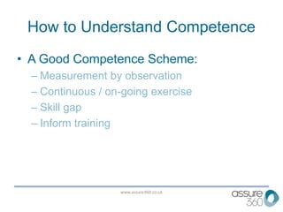 www.assure360.co.uk
How to Understand Competence
• A Good Competence Scheme:
– Measurement by observation
– Continuous / on-going exercise
– Skill gap
– Inform training
 