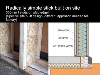 Radically simple stick built on site
300mm I studs on slab edge!
(Specific site built design, different approach needed fo...