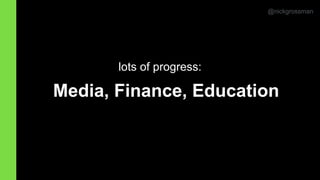 @nickgrossman
Media, Finance, Education
lots of progress:
 