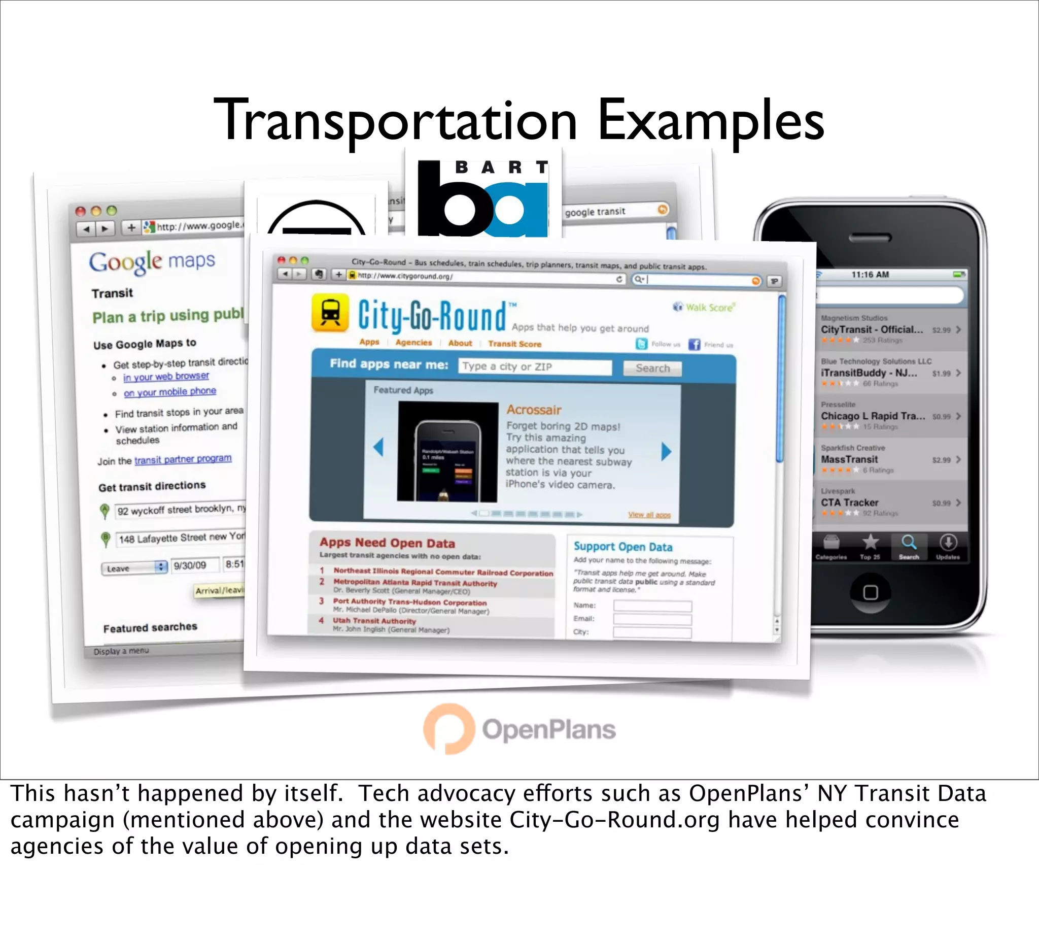 Transportation Examples




This hasn’t happened by itself. Tech advocacy efforts such as OpenPlans’ NY Transit Data
campaign (mentioned above) and the website City-Go-Round.org have helped convince
agencies of the value of opening up data sets.
 