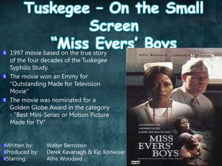 1997 movie based on the true story
of the four decades of the Tuskegee
Syphilis Study.
The movie won an Emmy for
“Outstanding Made for Television
Movie”
The movie was nominated for a
Golden Globe Award in the category
- “Best Mini-Series or Motion Picture
Made for TV”
Written by: Walter Bernstein
Produced by: Derek Kavanagh & Kip Konwiser
Starring: Alfre Woodard
 