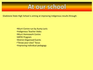 Gladstone State High School is aiming at improving indigenous results through:

•Murri Centre run by Aunty Loris
•Indigenous Teacher Aides
•Murri Homework Centre
•ARTIE Program
•District Organised Events
•“Know your class” focus
•Improving individual pedagogy

 