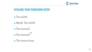 95
EVOLVING YOUR TERRAFORM SETUP
▸Terralith
▸Multi Terralith - Envs: Independent management
▸Terramod
▸Terramod - Modules ...