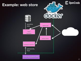 27
sensitive
data
store api
store front
user
service
product service
external system XXX
passwords,
keys
Example: web store
 