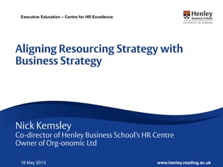 www.henley.reading.ac.uk18 May 2013
Executive Education – Centre for HR Excellence
Aligning Resourcing Strategy with
Business Strategy
Nick Kemsley
Co-director of Henley Business School’s HR Centre
Owner of Org-onomic Ltd
 