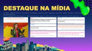 DESTAQUE NA MÍDIA
Os Meus Prêmios Nick é um evento altamente coberto pela imprensa nacional dando grande visibilidade aos
patrocinadores.
A 19ª edição de 2018 gerou 1.484 resultados, sendo 1.145 posts em redes sociais e 339 matérias na
imprensa.
#1
 