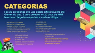 6
CATEGORIAS
São 20 categorias que vão desde artista favorito até
Gamer do ano. E para celebrar os 20 anos de MPN
teremos categorias especiais e muito nostálgicas.
• GAMER DO ANO
• FANDOM DO ANO
• HIT NACIONAL FAVORITO
• HIT INTERNACIONAL FAVORITO
• INSPIRAÇÃO DO ANO
• ARTISTA DE TV FEMININA
• ARTISTA DE TV MASCULINO
• ARTISTA MUSICAL FAVORITO
• ARTISTA INTERNACIONAL FAVORITO
• CANAL DO YOUTUBE FAVORITO
• INSTAGRAM DO ANO
• REVELAÇÃO DO ANO
• STYLE DO ANO
• DESENHO ANIMADO FAVORITO
• PROGRAMA DE TV FAVORITO
• PROGRAMA DA NICK FAVORITO
• FILME DO ANO
• MELHOR APRESENTADOR (20 ANOS)
• MELHOR SHOW (20 ANOS)
• SLIME ÉPICO (20 ANOS)
 