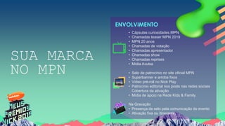 7
SUA MARCA
NO MPN
• Cápsulas curiosidades MPN
• Chamadas teaser MPN 2019
• MPN 20 anos
• Chamadas de votação
• Chamadas apresentador
• Chamadas show
• Chamadas reprises
• Mídia Avulsa
• Selo de patrocínio no site oficial MPN
• Superbanner e arroba fixos
• Vídeo pré-roll no Nick Play
• Patrocínio editorial nos posts nas redes sociais
Cobertura da ativação
• Mídia de apoio na Rede Kids & Family.
Na Gravação
• Presença de selo pela comunicação do evento
• Ativação fixa ou itinerante.
ENVOLVIMENTO
 