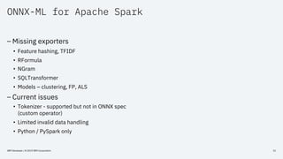 ONNX-ML for Apache Spark
– Missing exporters
• Feature hashing, TFIDF
• RFormula
• NGram
• SQLTransformer
• Models – clust...