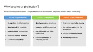 Why become a ‘profession’?
Professional registration offers a range of benefits for practitioners, employers and the whole community:
Benefits for practitioners Benefits for employers Benefits for the community
• Recognition of skills/expertise
• Quality mark for employers
• Differentiation in the market
• Improved earning potential
• Commitment to ethics
• Quality assurance for clients
• Supports workforce planning
• Risk mitigation and good
governance
• Greater confidence in
outcomes/results
• Improved knowledge sharing
• Formalised routes into the
profession
• Access to Apprenticeships
• Credibility and trust
 