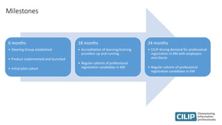 Milestones
6 months
• Steering Group established
• Product implemented and launched
• Initial pilot cohort
18 months
• Accreditation of learning/training
providers up and running
• Regular cohorts of professional
registration candidates in KM
24 months
• CILIP driving demand for professional
registration in KM with employers
and clients
• Regular cohorts of professional
registration candidates in KM
 