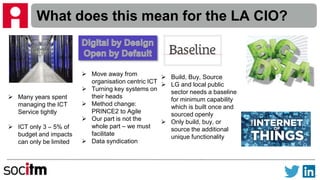 What does this mean for the LA CIO?
 Many years spent
managing the ICT
Service tightly
 ICT only 3 – 5% of
budget and impacts
can only be limited
 Move away from
organisation centric ICT
 Turning key systems on
their heads
 Method change:
PRINCE2 to Agile
 Our part is not the
whole part – we must
facilitate
 Data syndication
 Build, Buy, Source
 LG and local public
sector needs a baseline
for minimum capability
which is built once and
sourced openly
 Only build, buy, or
source the additional
unique functionality
 
