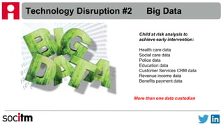 Technology Disruption #2 Big Data
Child at risk analysis to
achieve early intervention:
Health care data
Social care data
Police data
Education data
Customer Services CRM data
Revenue income data
Benefits payment data
More than one data custodian
 
