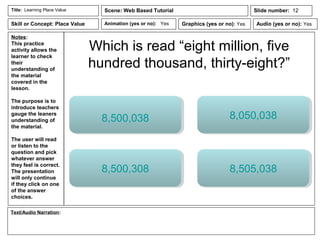 Notes:
This practice
activity allows the
learner to check
their
understanding of
the material
covered in the
lesson.
The purpose is to
introduce teachers
gauge the leaners
understanding of
the material.
The user will read
or listen to the
question and pick
whatever answer
they feel is correct.
The presentation
will only continue
if they click on one
of the answer
choices.
Animation (yes or no): Yes
Text/Audio Narration:
Title: Learning Place Value Scene: Web Based Tutorial
Graphics (yes or no): Yes Audio (yes or no): Yes
Slide number: 12
Skill or Concept: Place Value
Which is read “eight million, five
hundred thousand, thirty-eight?”
8,500,3088,500,308 8,505,0388,505,038
8,050,0388,050,0388,500,038
 