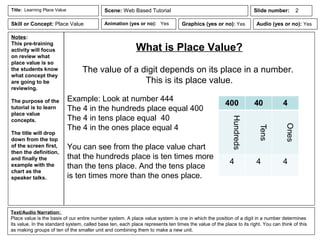 Notes:
This pre-training
activity will focus
on review what
place value is so
the students know
what concept they
are going to be
reviewing.
The purpose of the
tutorial is to learn
place value
concepts.
The title will drop
down from the top
of the screen first,
then the definition,
and finally the
example with the
chart as the
speaker talks.
What is Place Value?
The value of a digit depends on its place in a number.
This is its place value.
Example: Look at number 444
The 4 in the hundreds place equal 400
The 4 in tens place equal 40
The 4 in the ones place equal 4
You can see from the place value chart
that the hundreds place is ten times more
than the tens place. And the tens place
is ten times more than the ones place.
Animation (yes or no): Yes
Text/Audio Narration:
Place value is the basis of our entire number system. A place value system is one in which the position of a digit in a number determines
its value. In the standard system, called base ten, each place represents ten times the value of the place to its right. You can think of this
as making groups of ten of the smaller unit and combining them to make a new unit.
Title: Learning Place Value Scene: Web Based Tutorial
Graphics (yes or no): Yes Audio (yes or no): Yes
Slide number: 2
Skill or Concept: Place Value
 