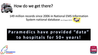How do we get there?
149 million records since 2006 in National EMS Information
System national database (as of August 2017)
 