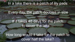 In a lake there is a patch of lily pads
Every day, the patch doubles in size
If it takes 48 days for the patch
to cover the lake…
How long would it take for the patch to
cover half the lake?
 