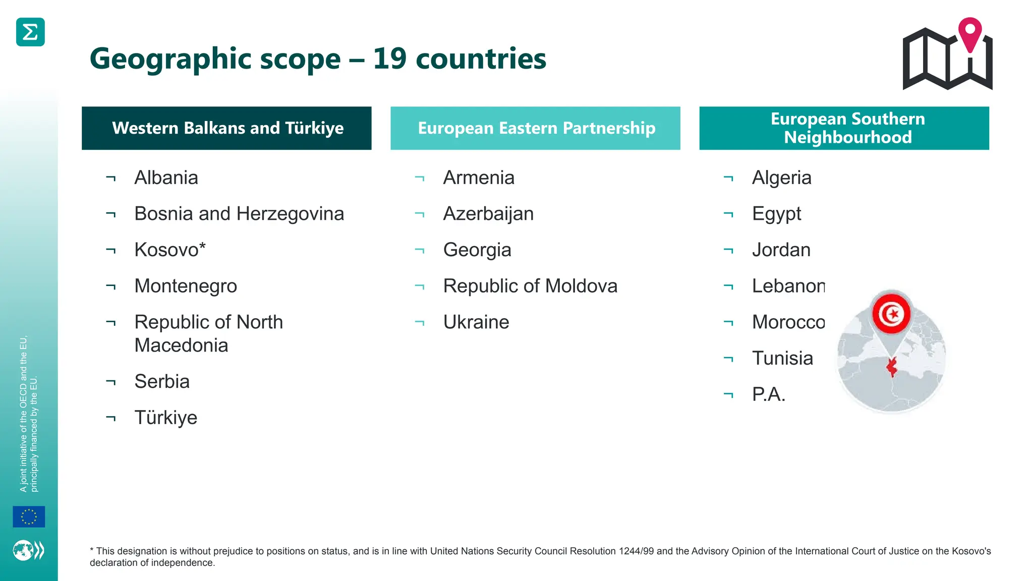 A
joint
initiative
of
the
OECD
and
the
EU,
principally
financed
by
the
EU.
¬ Albania
¬ Bosnia and Herzegovina
¬ Kosovo*
¬ Montenegro
¬ Republic of North
Macedonia
¬ Serbia
¬ Türkiye
¬ Armenia
¬ Azerbaijan
¬ Georgia
¬ Republic of Moldova
¬ Ukraine
Western Balkans and Türkiye European Eastern Partnership
¬ Algeria
¬ Egypt
¬ Jordan
¬ Lebanon
¬ Morocco
¬ Tunisia
¬ P.A.
European Southern
Neighbourhood
Geographic scope – 19 countries
* This designation is without prejudice to positions on status, and is in line with United Nations Security Council Resolution 1244/99 and the Advisory Opinion of the International Court of Justice on the Kosovo's
declaration of independence.
 