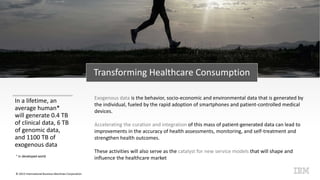 © 2015 International Business Machines Corporation
Transforming Healthcare Consumption
In a lifetime, an
average human*
will generate 0.4 TB
of clinical data, 6 TB
of genomic data,
and 1100 TB of
exogenous data
Exogenous data is the behavior, socio-economic and environmental data that is generated by
the individual, fueled by the rapid adoption of smartphones and patient-controlled medical
devices.
Accelerating the curation and integration of this mass of patient-generated data can lead to
improvements in the accuracy of health assessments, monitoring, and self-treatment and
strengthen health outcomes.
These activities will also serve as the catalyst for new service models that will shape and
influence the healthcare market* in developed world
 
