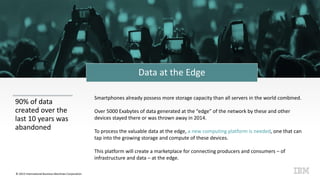 © 2015 International Business Machines Corporation
Data at the Edge
90% of data
created over the
last 10 years was
abandoned
Smartphones already possess more storage capacity than all servers in the world combined.
Over 5000 Exabytes of data generated at the “edge” of the network by these and other
devices stayed there or was thrown away in 2014.
To process the valuable data at the edge, a new computing platform is needed, one that can
tap into the growing storage and compute of these devices.
This platform will create a marketplace for connecting producers and consumers – of
infrastructure and data – at the edge.
 
