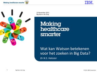 Wat kan Watson betekenen voor het zoeken in Big Data? Dr N.S. Hekster 23 November 2011 Big data in de Zorg 