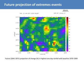 Future projection of extremes events
Future (2041-2071) projection of change (%) in highest one day rainfall with baseline 1970-1999
 