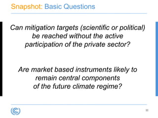 Snapshot: Basic Questions


Can mitigation targets (scientific or political)
      be reached without the active
    participation of the private sector?


  Are market based instruments likely to
       remain central components
      of the future climate regime?


                                                   11
 